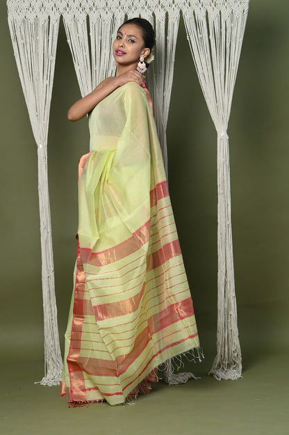 Very Much Indian Handloom Cotton Silk Saree With Sleek Golden Border - chartreuse green