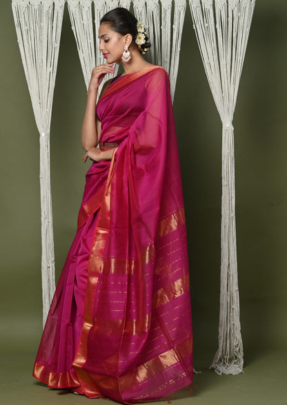 Very Much Indian Handloom Cotton Silk Saree With Sleek Golden Border - Red