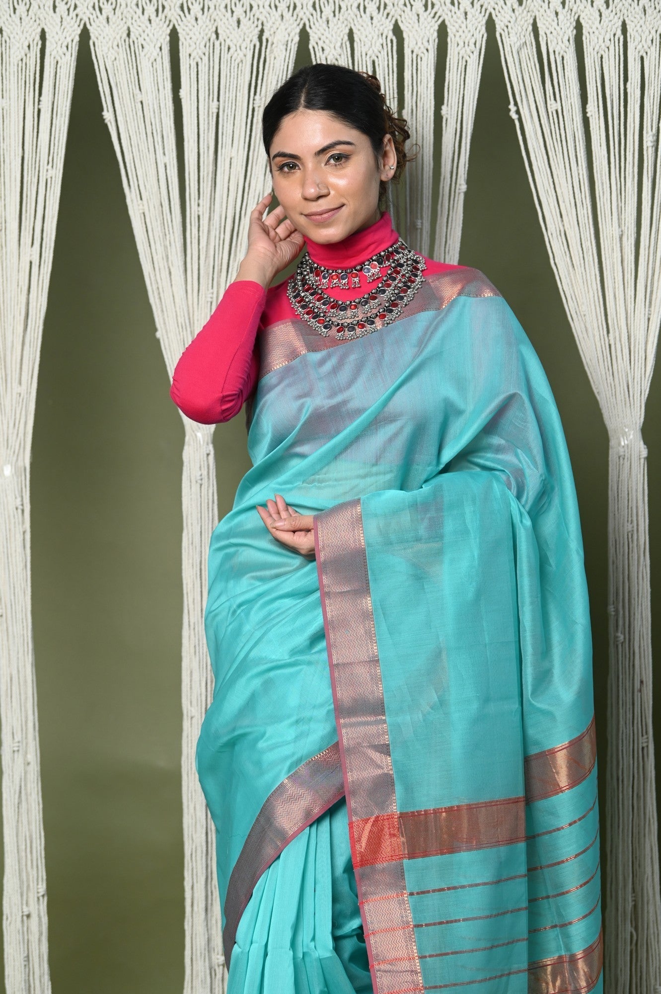 Very Much Indian Handloom Cotton Silk Saree With Sleek Golden Border - sky blue