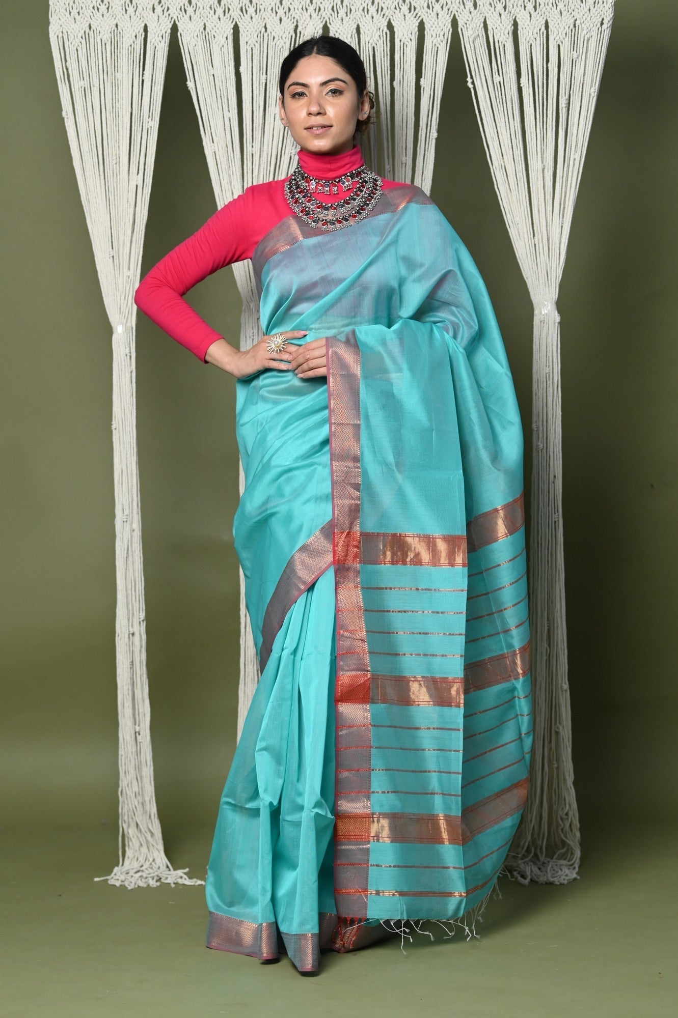 Very Much Indian Handloom Cotton Silk Saree With Sleek Golden Border - sky blue