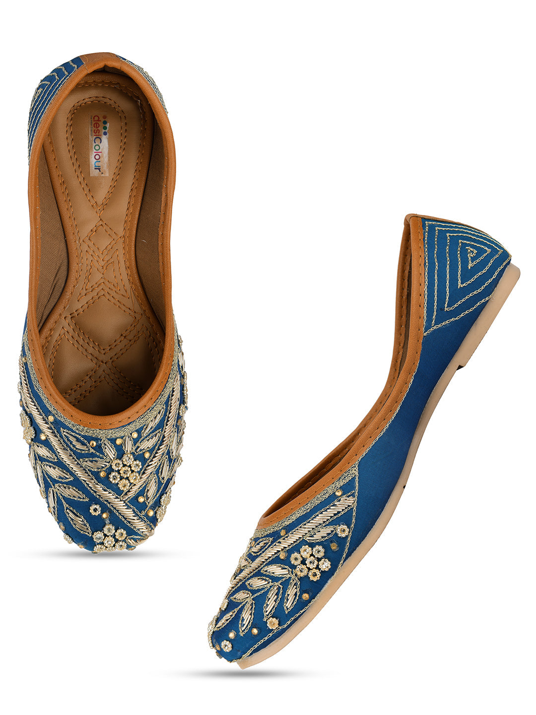 Desi Colour Women Indian Ethnic Footwear-Teal Dabka