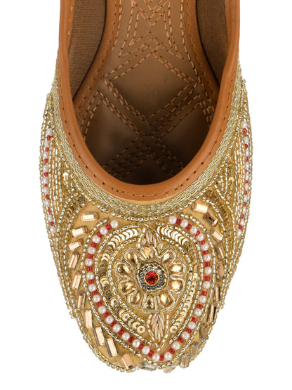 Desi Colour Women Indian Ethnic Footwear-Gold Red Dabka