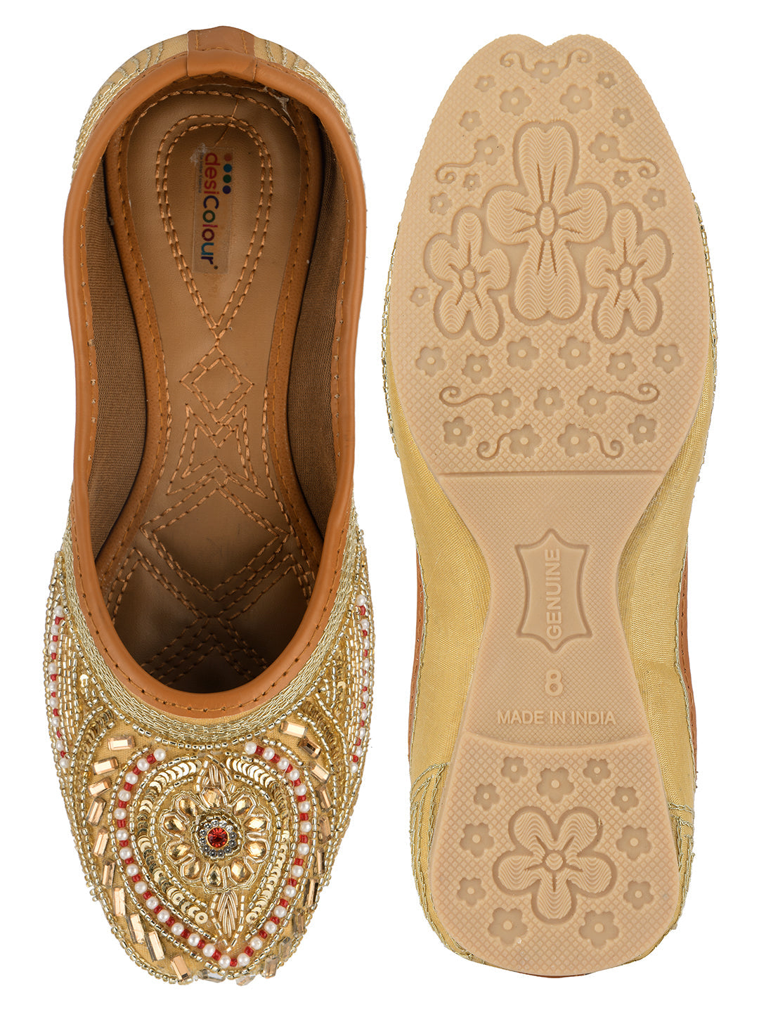 Desi Colour Women Indian Ethnic Footwear-Gold Red Dabka