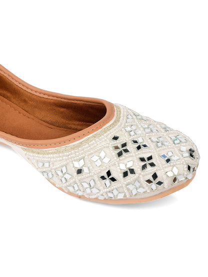 Desi Colour Women Indian Ethnic Footwear-Women's White Ethnic Mirror Mojari