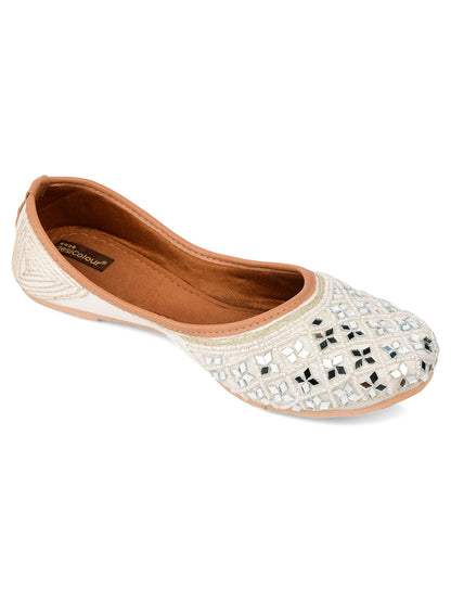 Desi Colour Women Indian Ethnic Footwear-Women's White Ethnic Mirror Mojari
