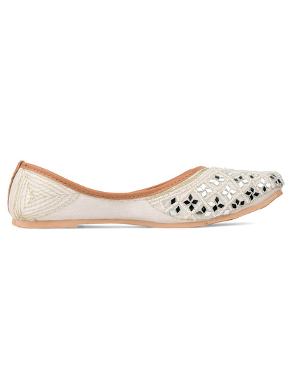 Desi Colour Women Indian Ethnic Footwear-Women's White Ethnic Mirror Mojari