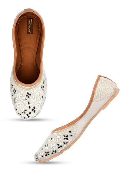 Desi Colour Women Indian Ethnic Footwear-Women's White Ethnic Mirror Mojari