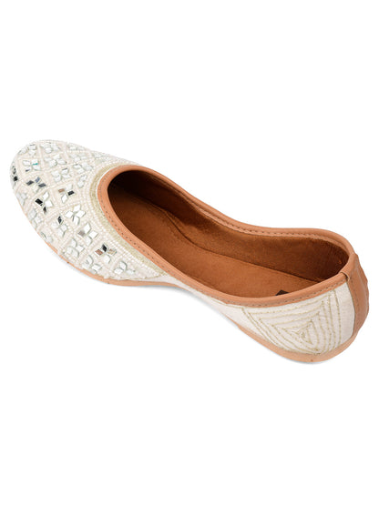 Desi Colour Women Indian Ethnic Footwear-Women's White Ethnic Mirror Mojari