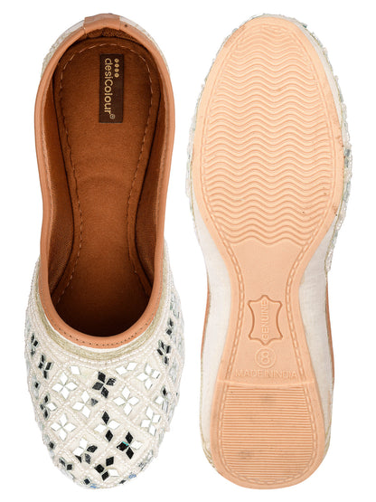 Desi Colour Women Indian Ethnic Footwear-Women's White Ethnic Mirror Mojari