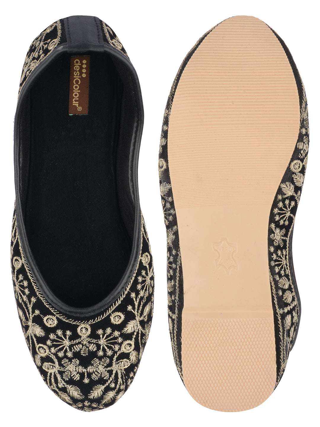 Desi Colour Women Indian Ethnic Footwear-Cushioned Black Heavy Emb