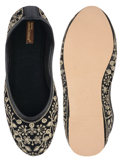 Desi Colour Women Indian Ethnic Footwear-Cushioned Black Heavy Emb