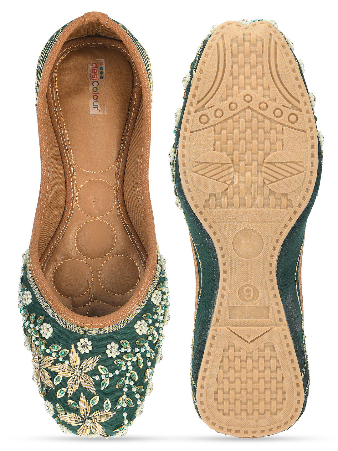 Desi Colour Women Indian Ethnic Footwear-Dark green Flower