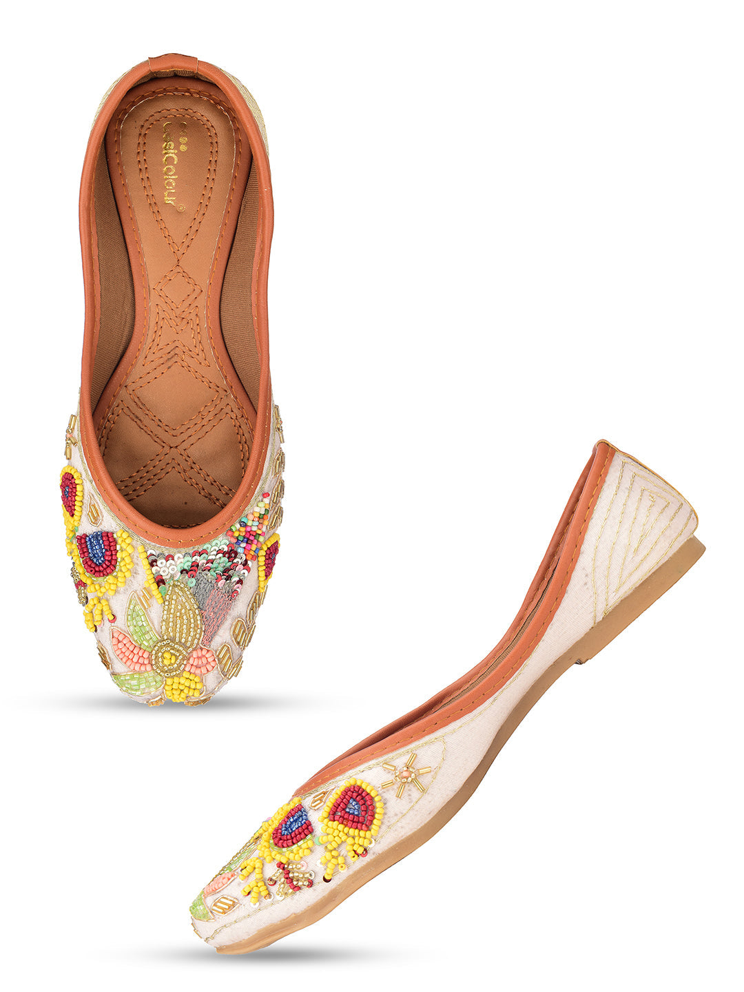 Desi Colour Women Indian Ethnic Footwear-Party Wear White Multicolour Pear Work