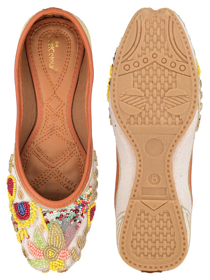 Desi Colour Women Indian Ethnic Footwear-Party Wear White Multicolour Pear Work