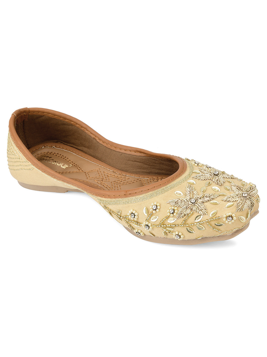 Desi Colour Women Indian Ethnic Footwear-Gold Dabka Flower