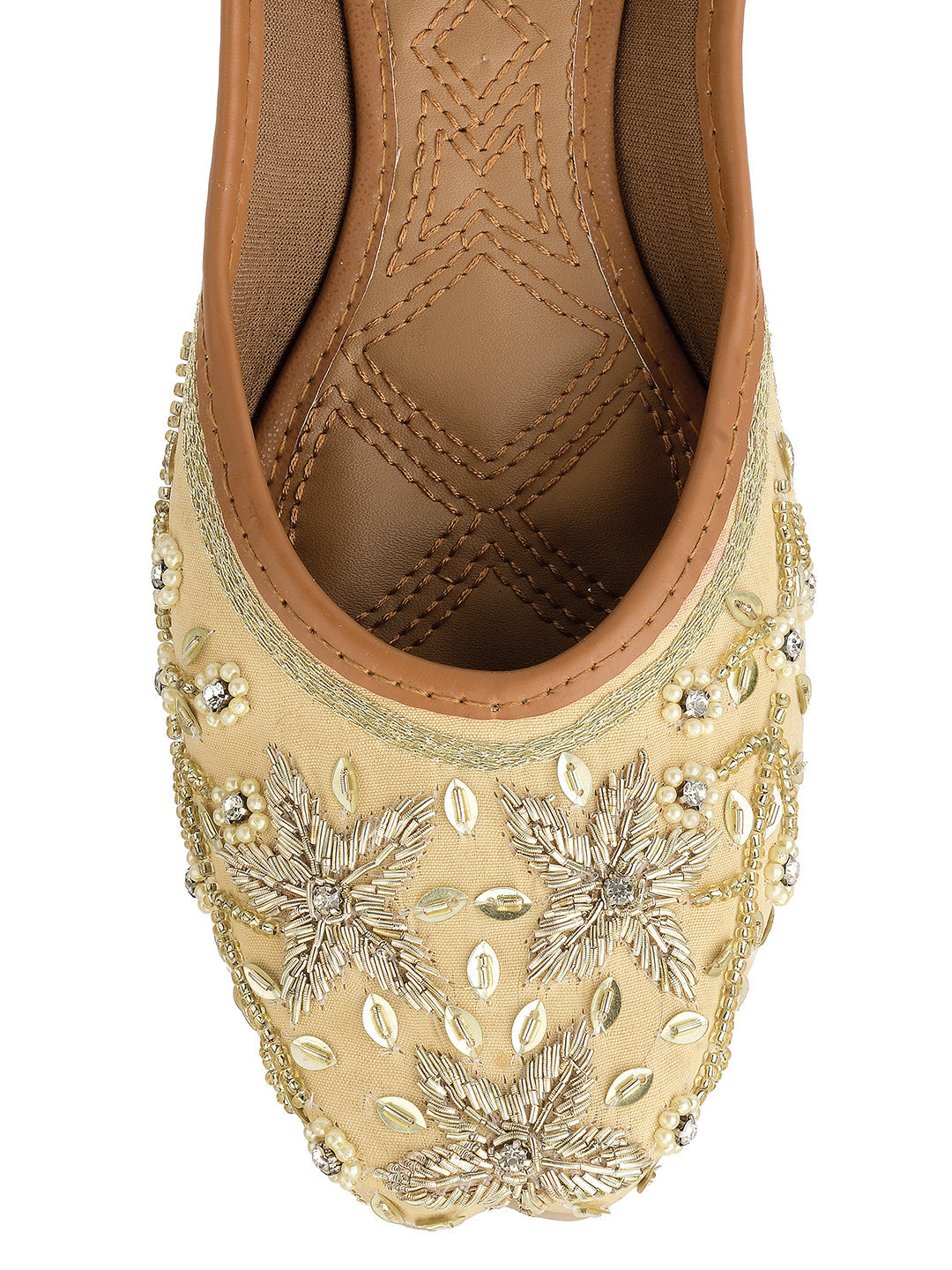 Desi Colour Women Indian Ethnic Footwear-Gold Dabka Flower