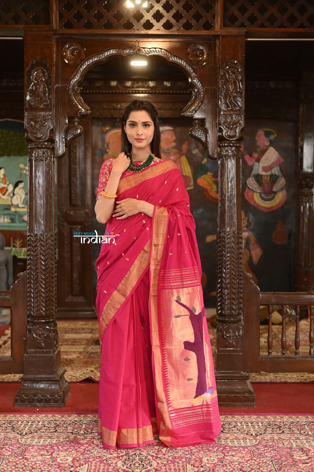 Very Much Indian Authentic Handloom Pure Cotton Paithani with Traditional Radha Krishna Pallu - Red Delight
