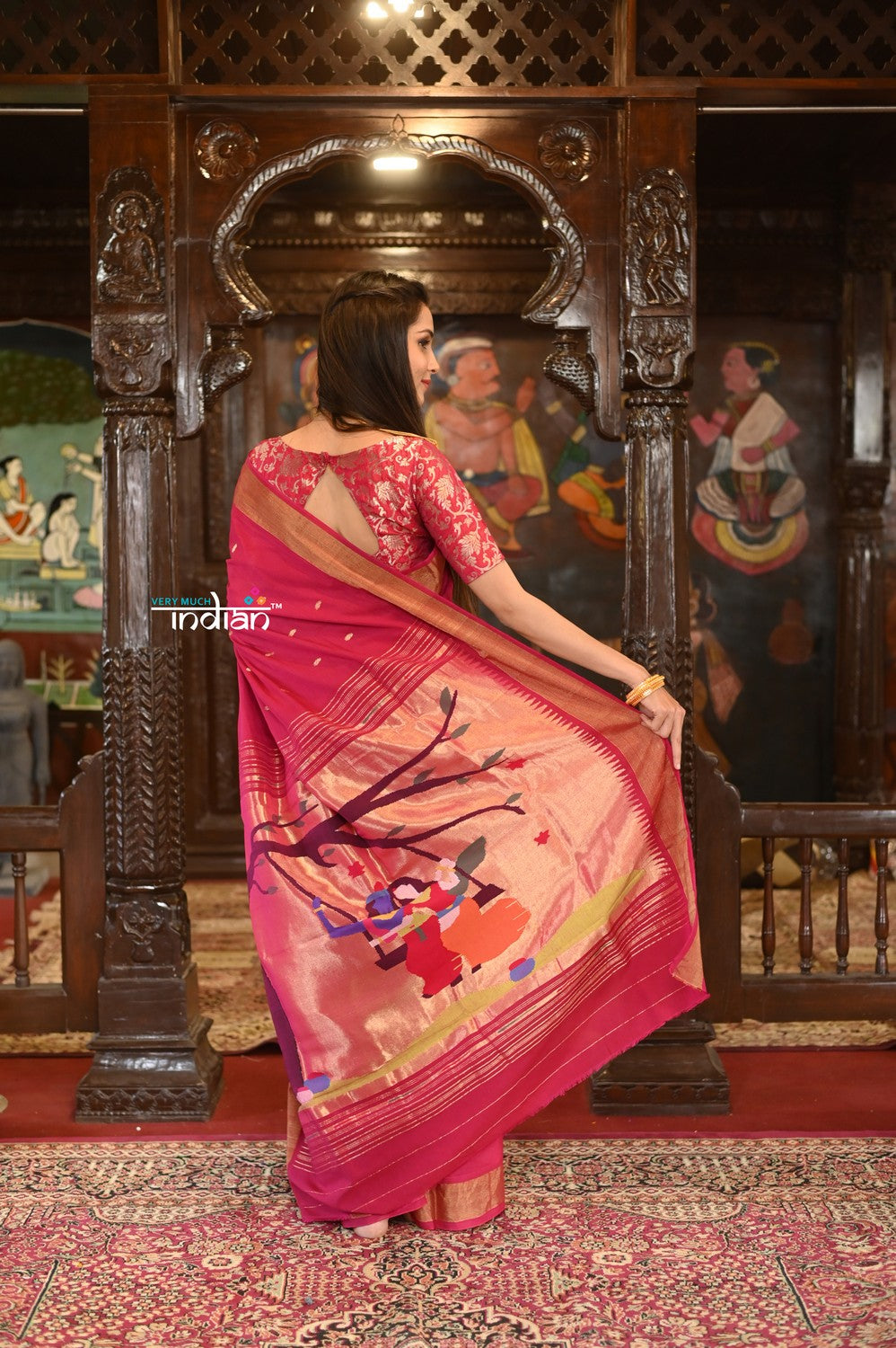 Very Much Indian Authentic Handloom Pure Cotton Paithani with Traditional Radha Krishna Pallu - Red Delight