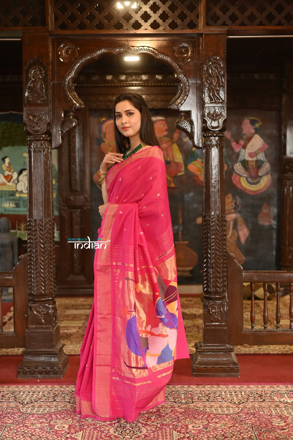 Very Much Indian Authentic Handloom Pure Cotton Paithani with Handcrafted Radhakrishna Pallu - Rani Pink