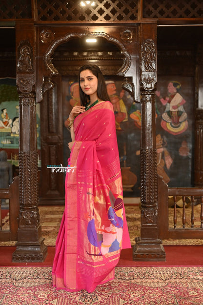 Very Much Indian Authentic Handloom Pure Cotton Paithani with Handcrafted Radhakrishna Pallu - Rani Pink
