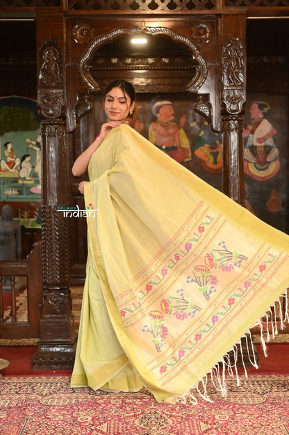 Very Much Indian Authentic Handloom Pure Cotton Paithani with Handcrafted Asawali Pallu - Lime Yellow