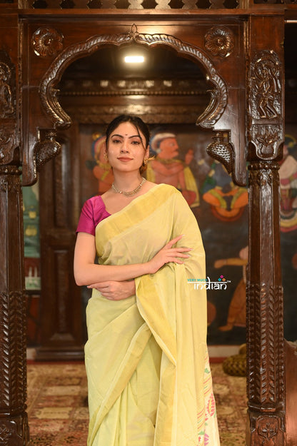 Very Much Indian Authentic Handloom Pure Cotton Paithani with Handcrafted Asawali Pallu - Lime Yellow