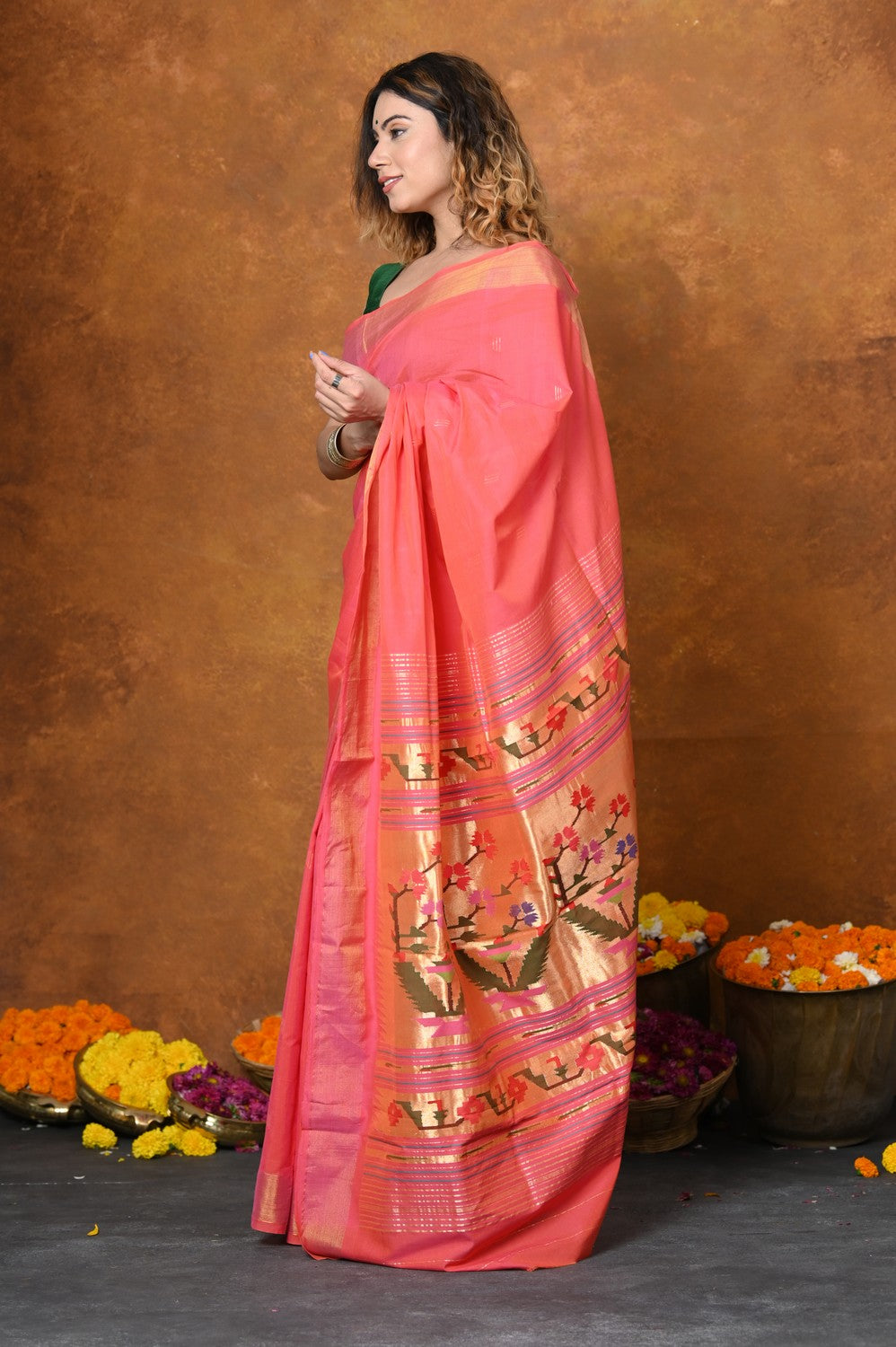 Very Much Indian EXCLUSIVE! Handloom Pure Cotton Paithani With Asawali Pallu - Pink Peach