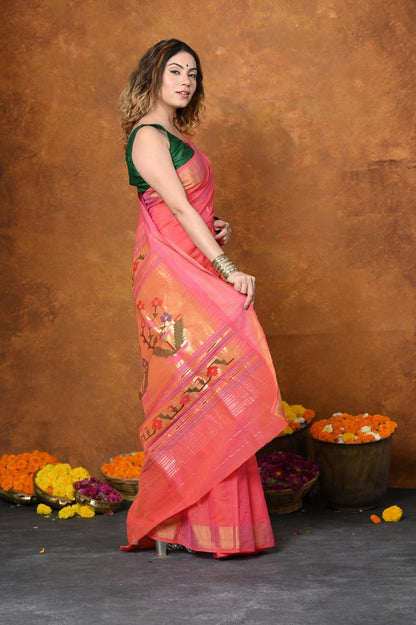 Very Much Indian EXCLUSIVE! Handloom Pure Cotton Paithani With Asawali Pallu - Pink Peach