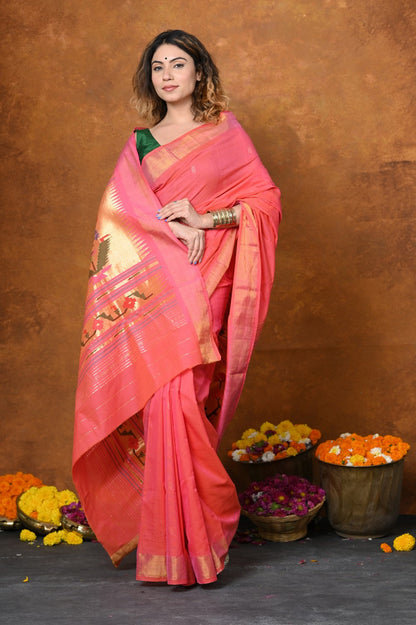 Very Much Indian EXCLUSIVE! Handloom Pure Cotton Paithani With Asawali Pallu - Pink Peach