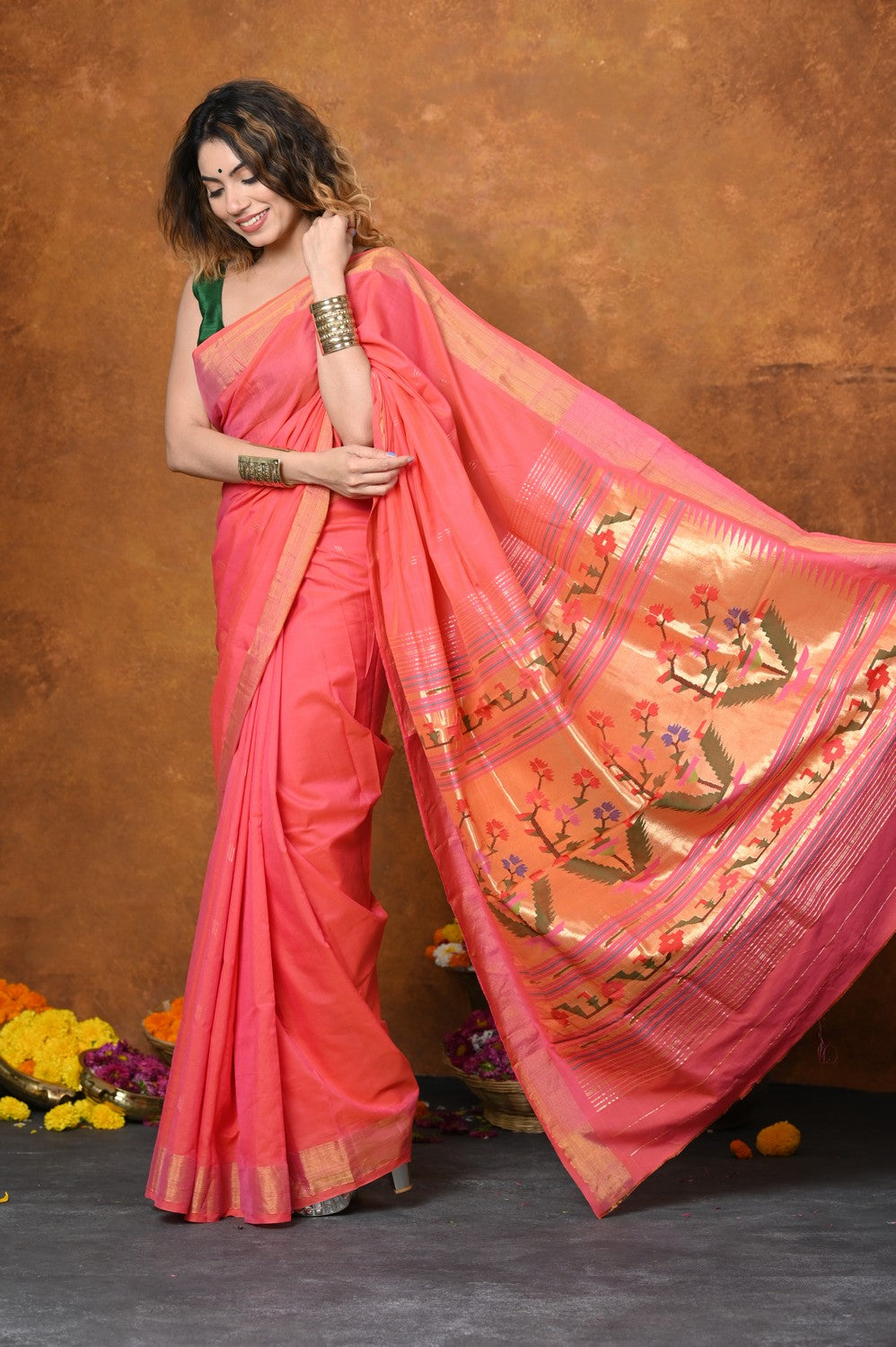 Very Much Indian EXCLUSIVE! Handloom Pure Cotton Paithani With Asawali Pallu - Pink Peach