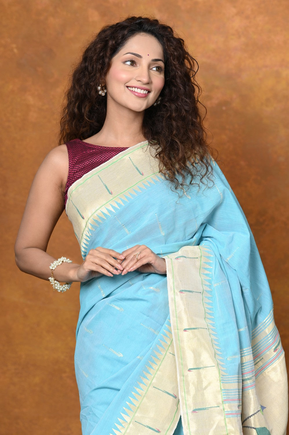 Very Much Indian Authentic Handloom Pure Cotton Paithani with Handcrafted Parrot Pallu - Sky Blue