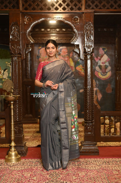 Very Much Indian Authentic Handloom Pure Cotton Paithani with Handcrafted Asawali Pallu - Grey Silver