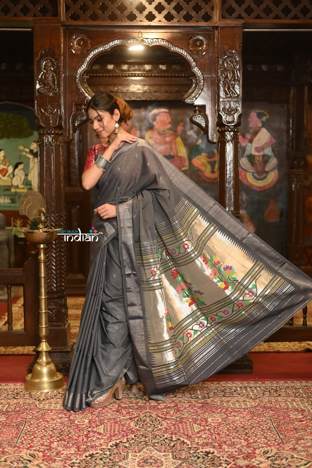 Very Much Indian Authentic Handloom Pure Cotton Paithani with Handcrafted Asawali Pallu - Grey Silver