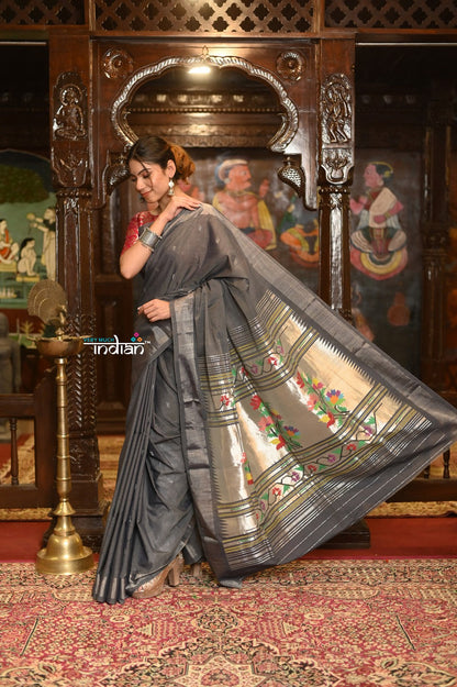 Very Much Indian Authentic Handloom Pure Cotton Paithani with Handcrafted Asawali Pallu - Grey Silver
