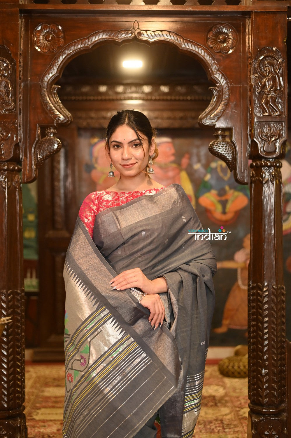 Very Much Indian Authentic Handloom Pure Cotton Paithani with Handcrafted Asawali Pallu - Grey Silver