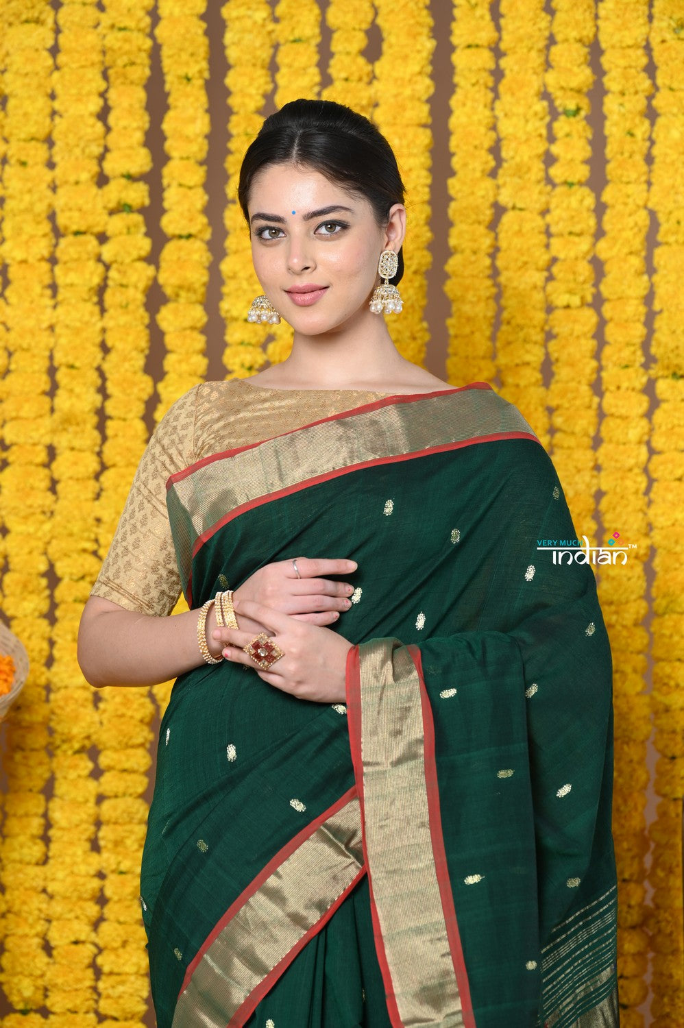 Very Much Indian Rajsi - Handloom Pure Cotton Paithani With Peacock Pallu - Dark Green