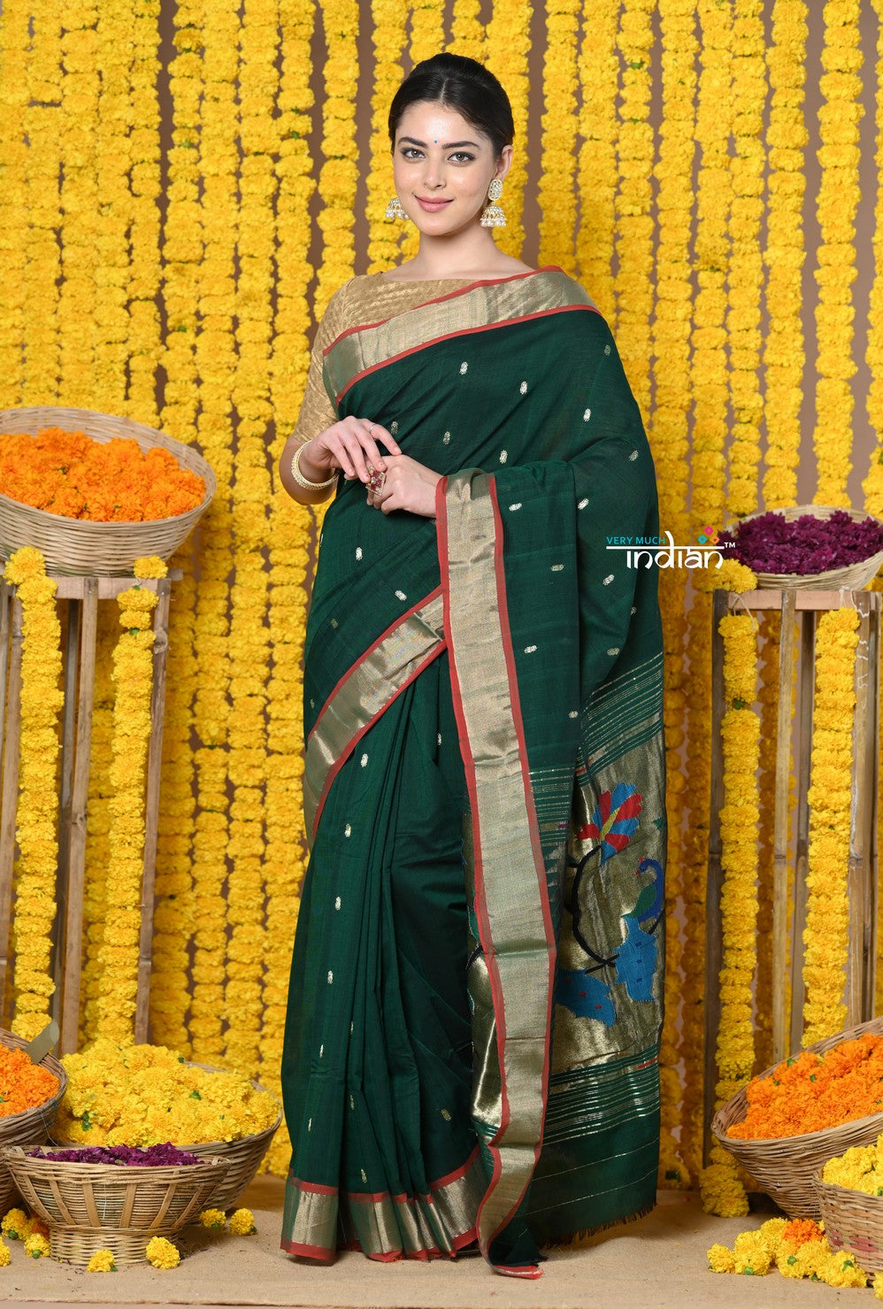 Very Much Indian Rajsi - Handloom Pure Cotton Paithani With Peacock Pallu - Dark Green