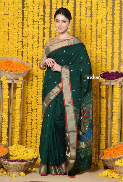 Very Much Indian Rajsi - Handloom Pure Cotton Paithani With Peacock Pallu - Dark Green