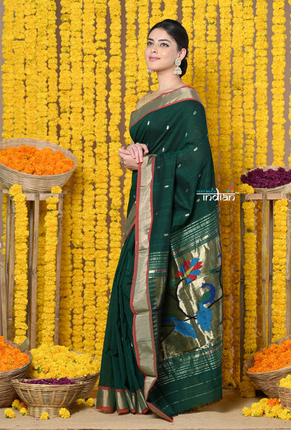 Very Much Indian Rajsi - Handloom Pure Cotton Paithani With Peacock Pallu - Dark Green