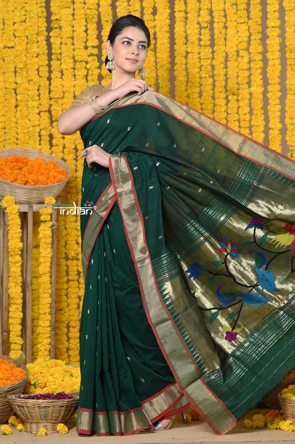 Very Much Indian Rajsi - Handloom Pure Cotton Paithani With Peacock Pallu - Dark Green