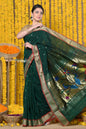 Very Much Indian Rajsi - Handloom Pure Cotton Paithani With Peacock Pallu - Dark Green
