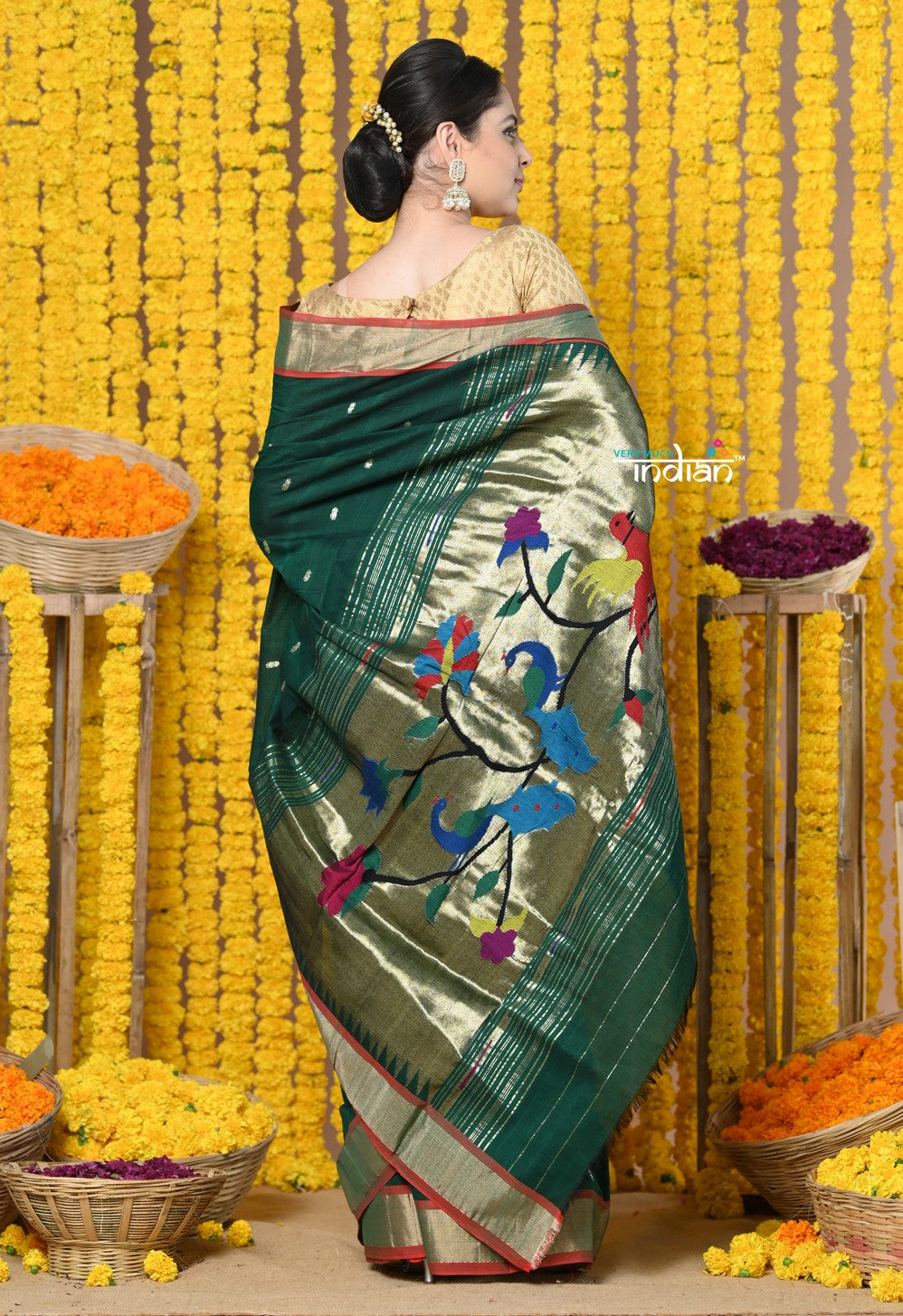 Very Much Indian Rajsi - Handloom Pure Cotton Paithani With Peacock Pallu - Dark Green