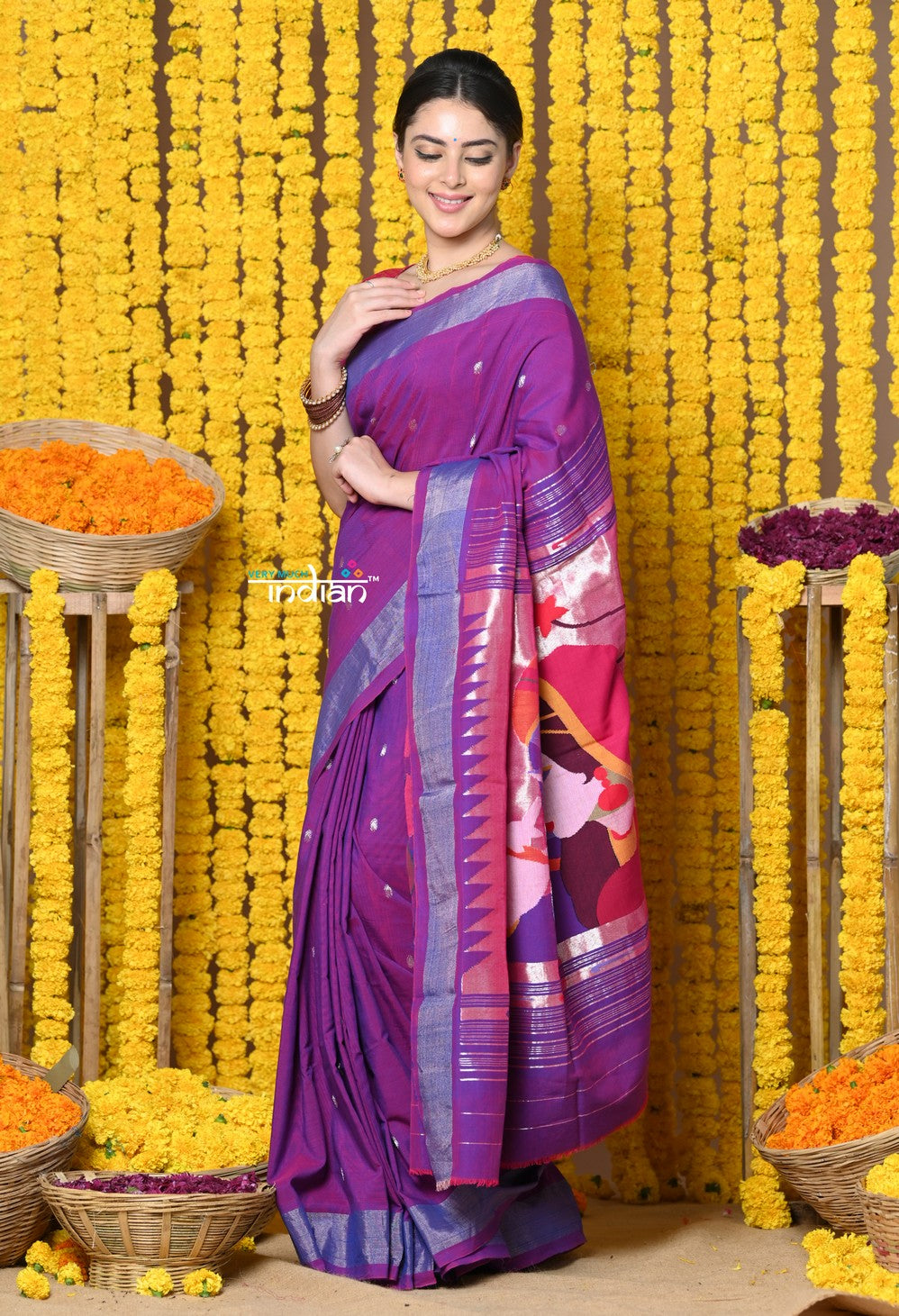 Very Much Indian Rajsi - Handloom Pure Cotton Paithani With Radha Krishna Pallu - Dual Tone Purple