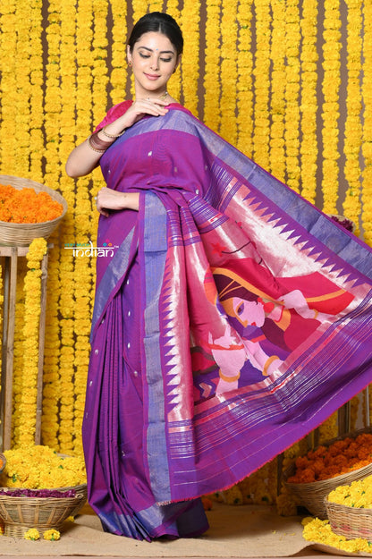 Very Much Indian Rajsi - Handloom Pure Cotton Paithani With Radha Krishna Pallu - Dual Tone Purple