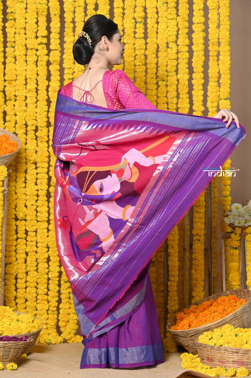 Very Much Indian Rajsi - Handloom Pure Cotton Paithani With Radha Krishna Pallu - Dual Tone Purple