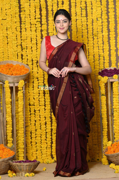 Very Much Indian Rajsi - Designed by VMI! High Quality Mul Cotton Handloom Woven Saree With Sleek Border in Maroon