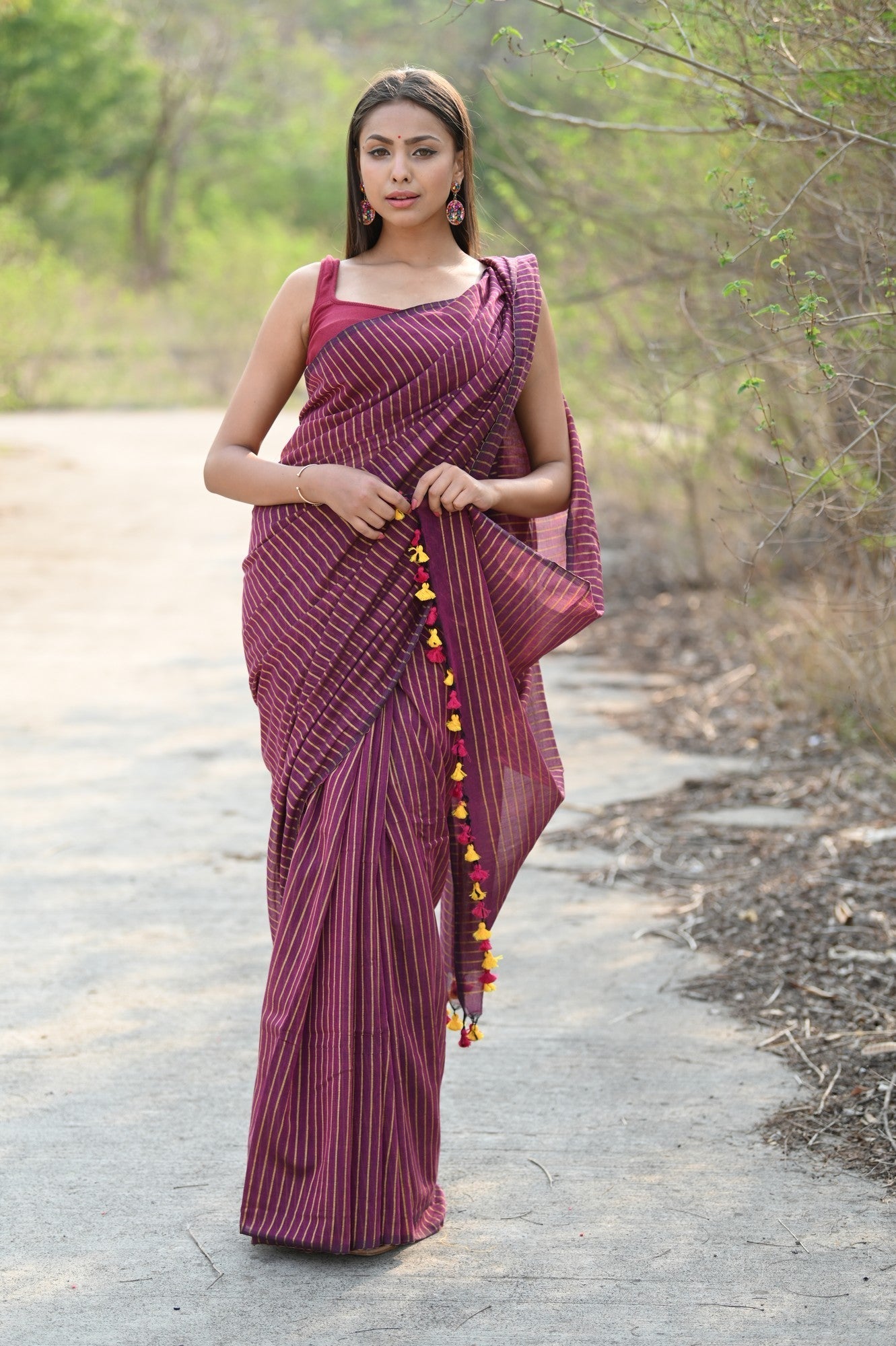 Very Much Indian Designer Pure Cotton Sarees with All over Linear Stripes - Maroon