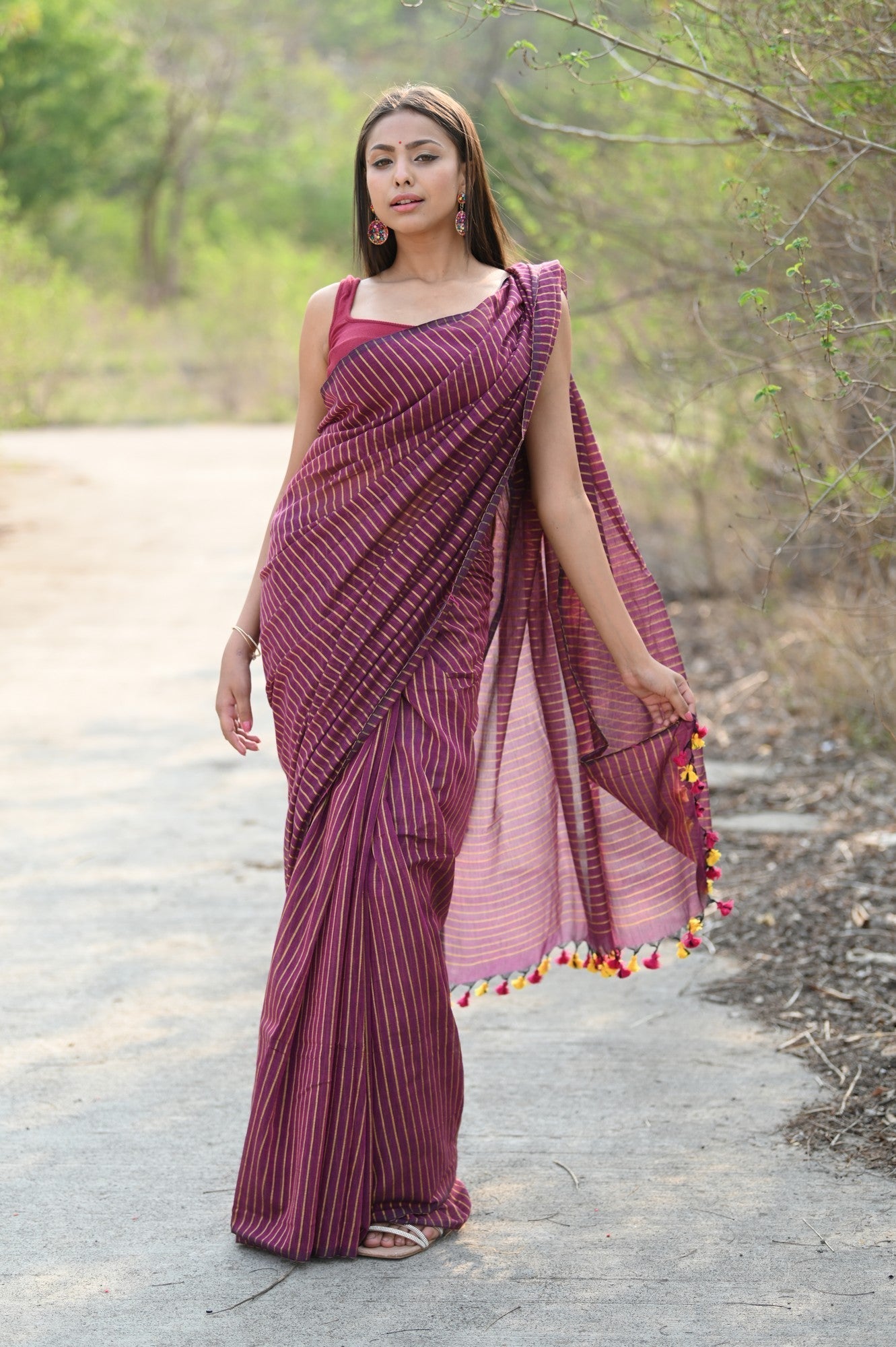 Very Much Indian Designer Pure Cotton Sarees with All over Linear Stripes - Maroon