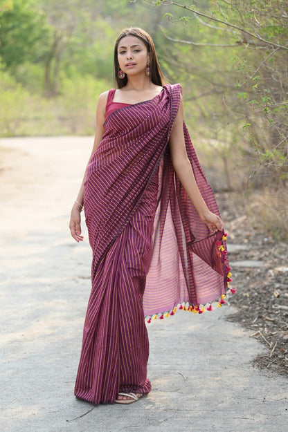 Very Much Indian Designer Pure Cotton Sarees with All over Linear Stripes - Maroon