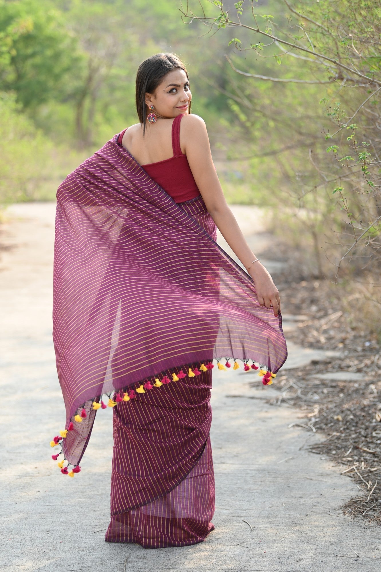 Very Much Indian Designer Pure Cotton Sarees with All over Linear Stripes - Maroon